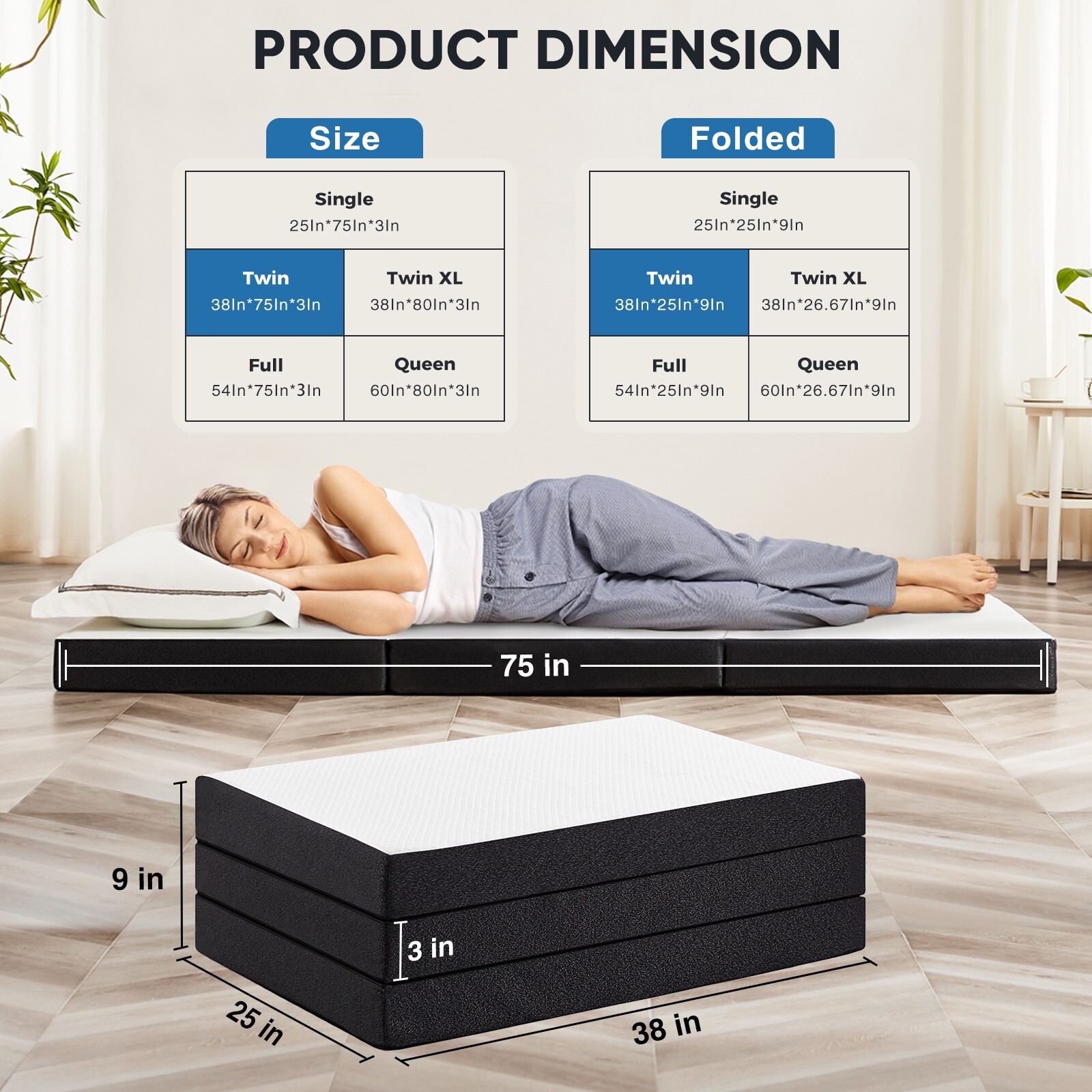 Tri-fold Memory Foam Mattress, Portable Floor Bed, Foldable Mat for Bedroom