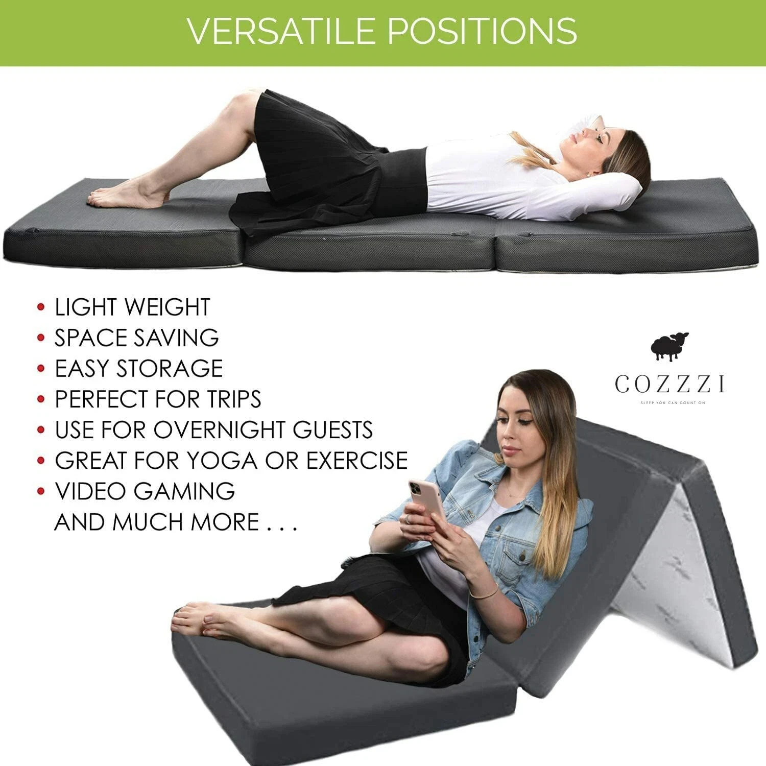 Cozzzi Folding Mattress Twin Size (31) Trifold Foam Topper Portable Sleeping Mat
