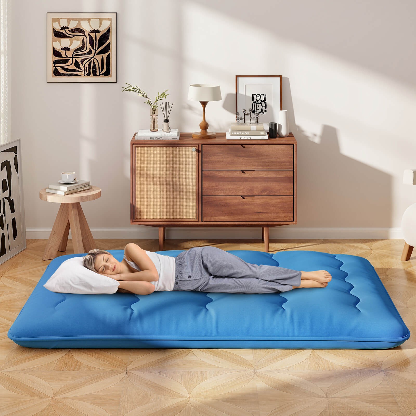 Full Futon Mattress Japanese Sleeping Pad Lounge Bed w/ Washable Cover Blue