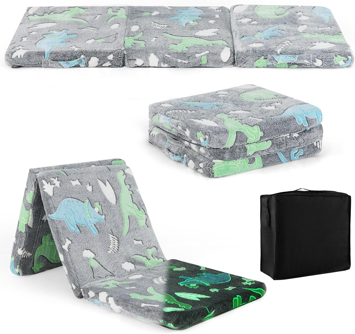 Glow in Dark Foldable Kids Floor Mattress with Washable Cover & Storage Bag