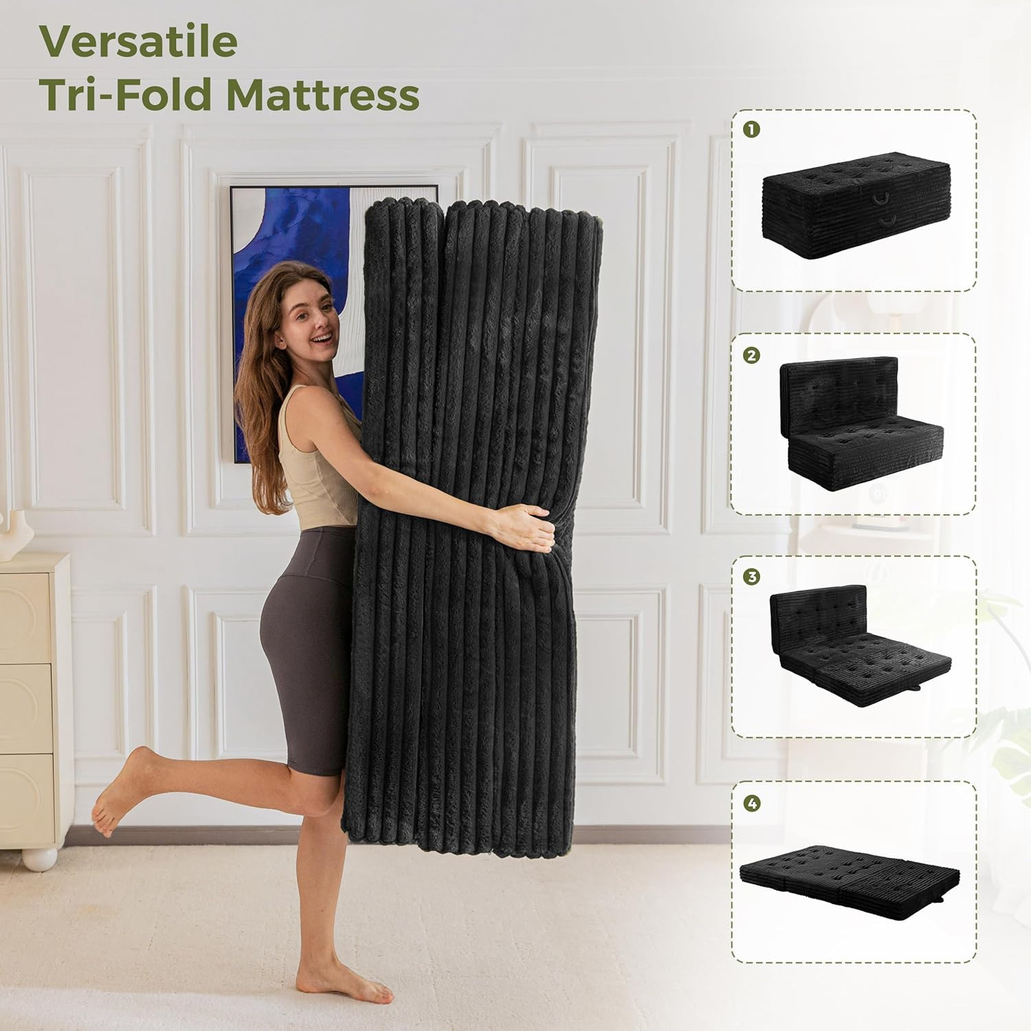 Compact 6-Inch Tri-Fold Folding Mattress with Handles – Twin Black Sofa Bed