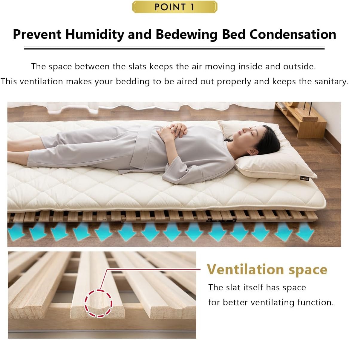 Wood Half-Fold-Type Slatted Bed Twin (38x78in) for Japanese Floor