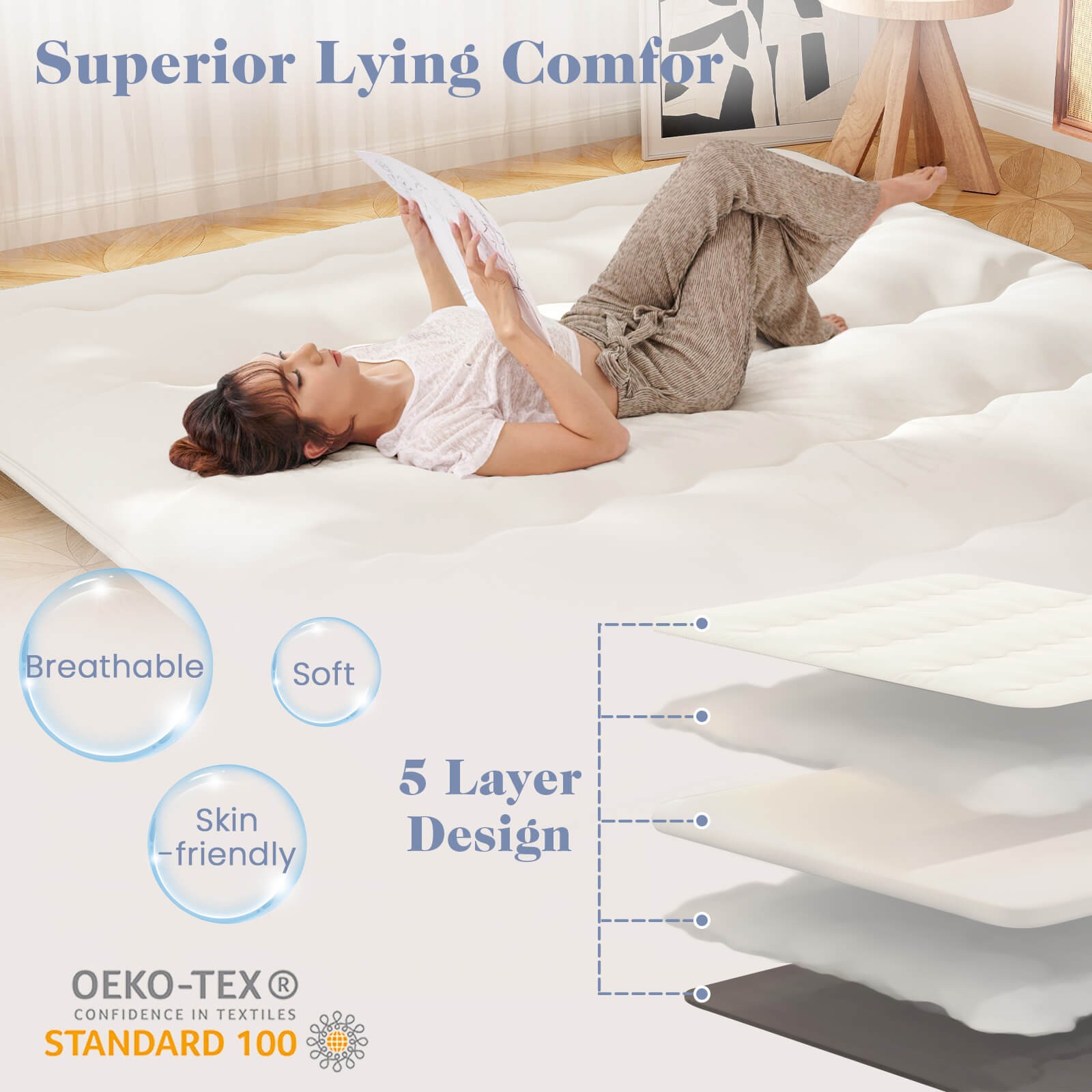 King Futon Mattress Japanese Floor Sleeping Pad Washable Cover Carry Bag Beige