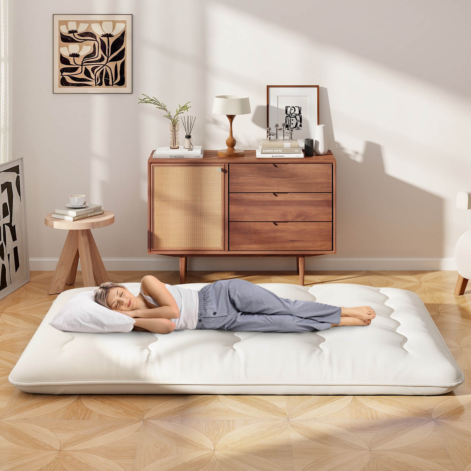 Full Futon Mattress Japanese Floor Sleeping Pad Washable Cover Carry Bag Beige