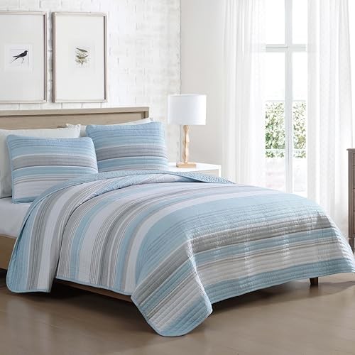 Coralinn Striped 3-Piece Quilt Set – Lightweight – All Full/Queen Blue Gray