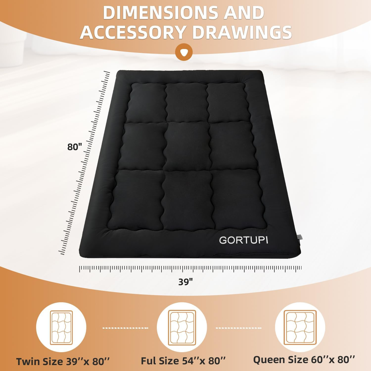 Japanese Floor Mattress,Futon Mattress 3″ Black Thicken 100% High Density Comfor