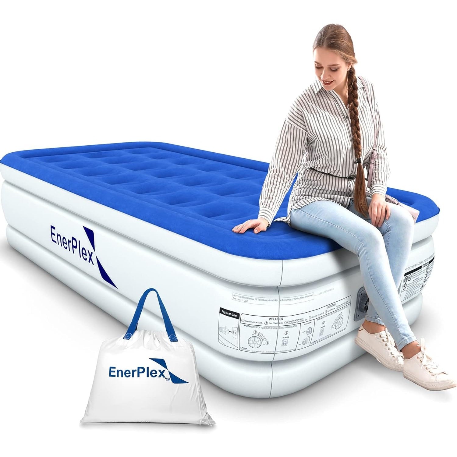 NWT EnerPlex Queen Air Mattress w/ Built-in Pump & Neck Support, 15″, Blue/White