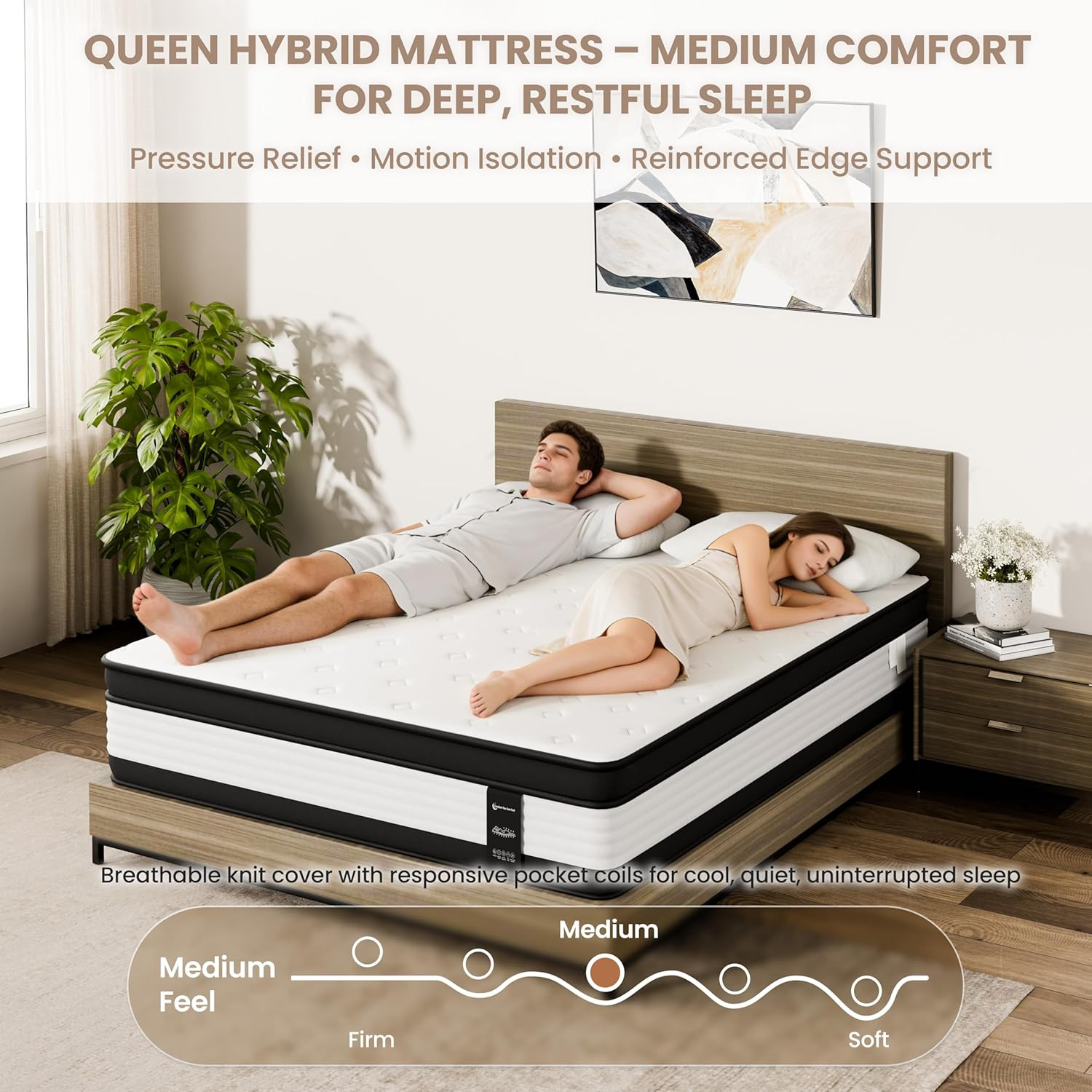 12″ Queen Hybrid Mattress – Memory Foam & Pocket Springs, Medium Firm, CertiPUR-