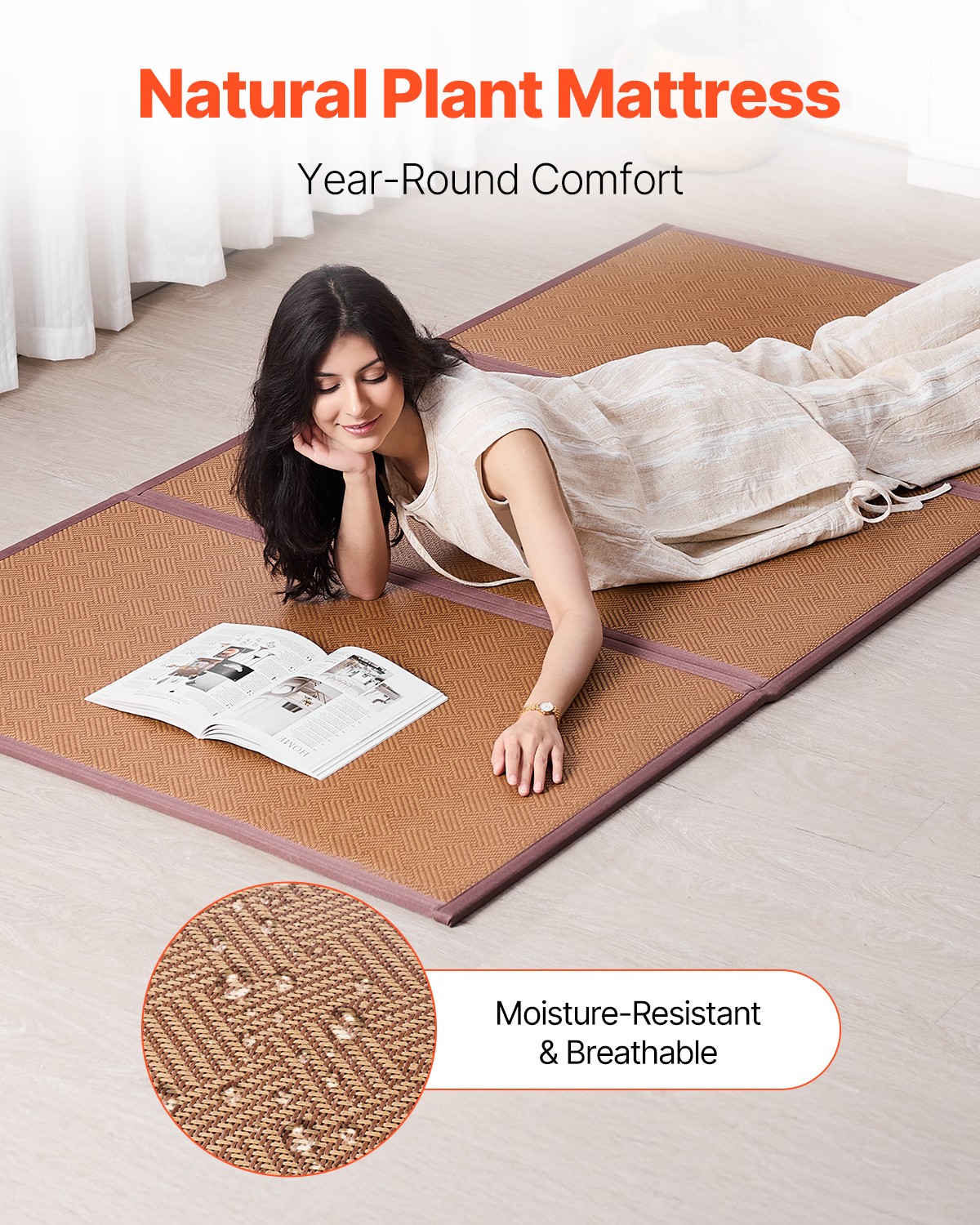 VEVOR Japanese Tatami Mat Twin XL-39×80″ Foldable Natural Rattan Tatami Mattress