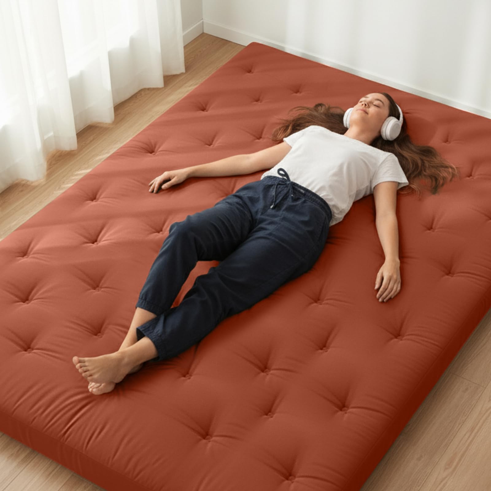 Japanese Floor Futon Mattress Full Size 75″x 54″, 100% Cotton Cover 2.5” Thi…
