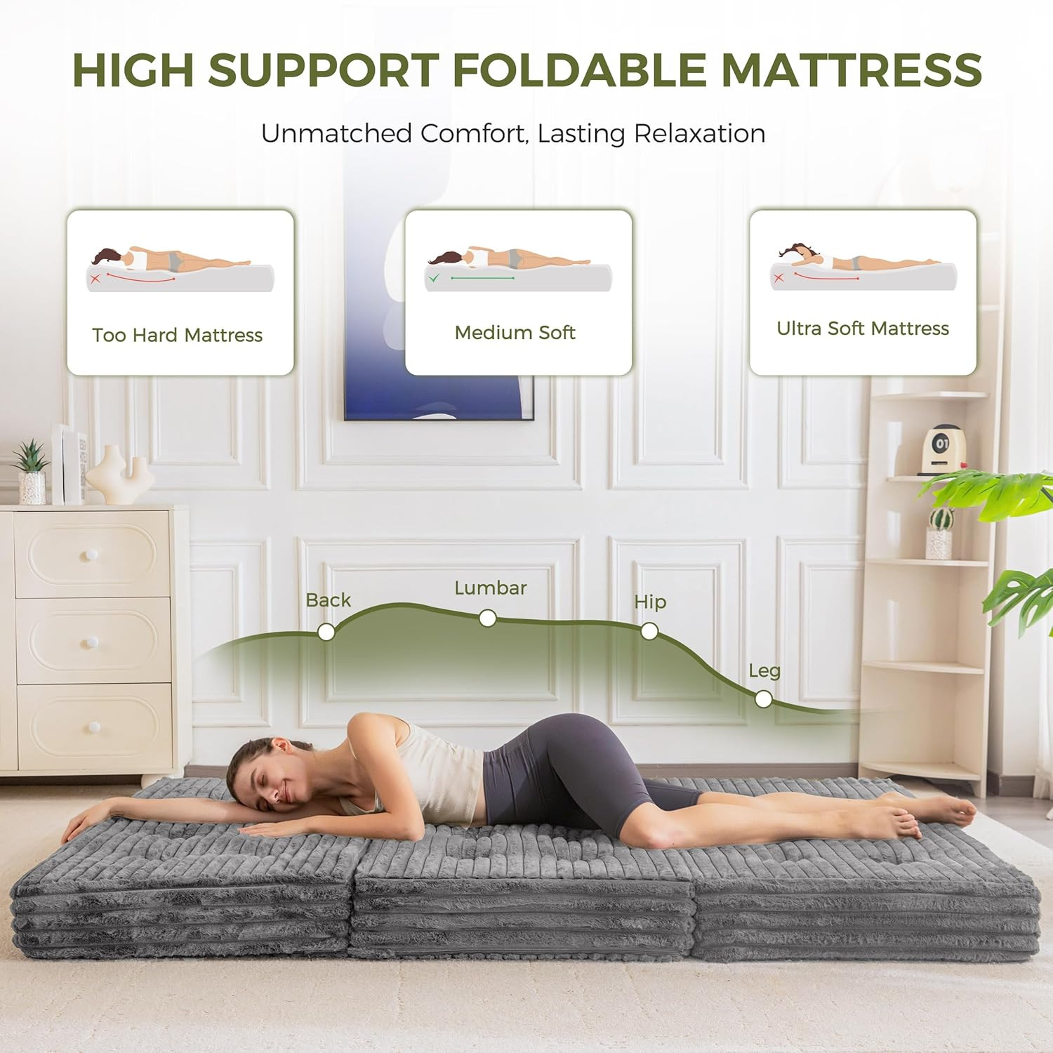 Tri-Fold Folding Mattress with Handles, 6-Inch Portable Sofa Bed, Grey