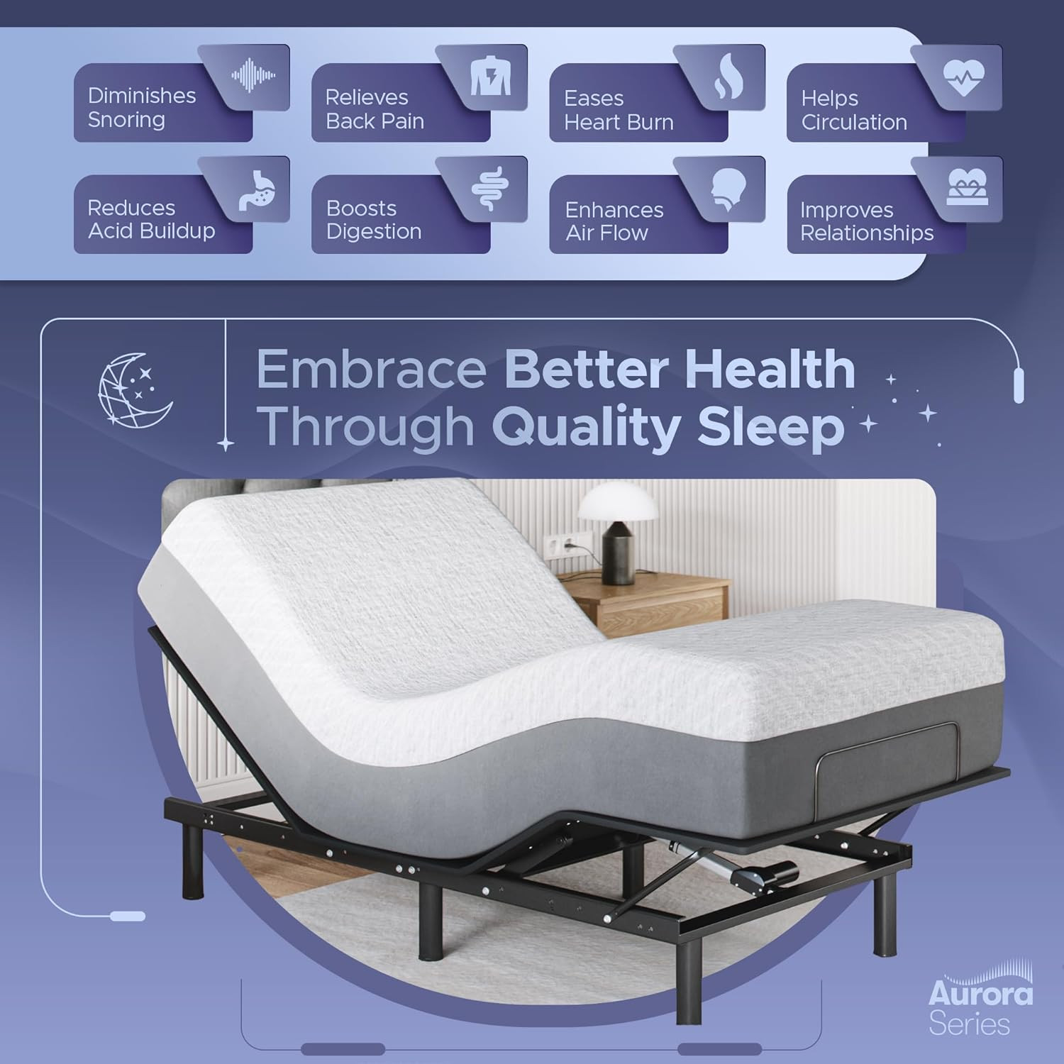 Celestial Aurora Twin XL Adjustable Bed & 8″ Gel Memory Foam Mattress Set
