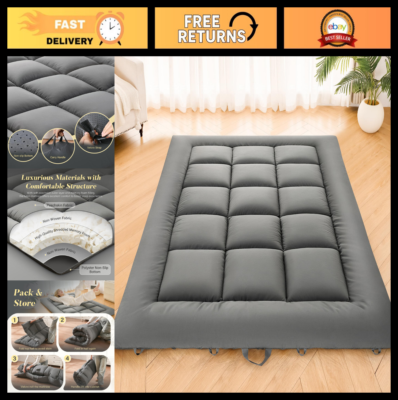 Foldable Japanese Floor Mattress Tatami Mat with Handle, Twin Size Camping Pad,