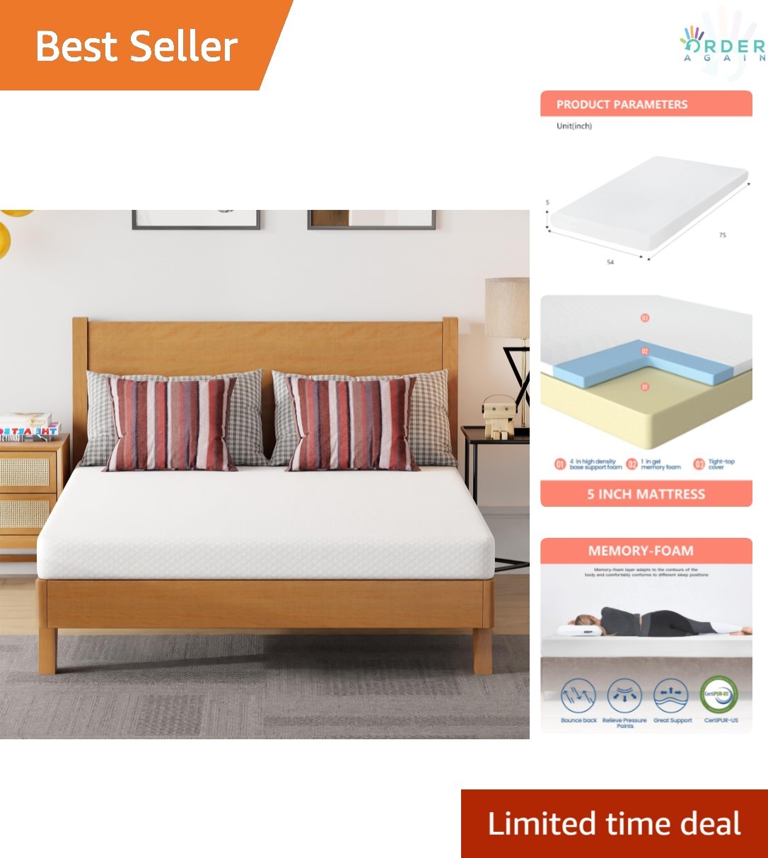 Full Mattress Gel Memory Foam 5 Inch Support Cooling Ventilated Bed in a Box