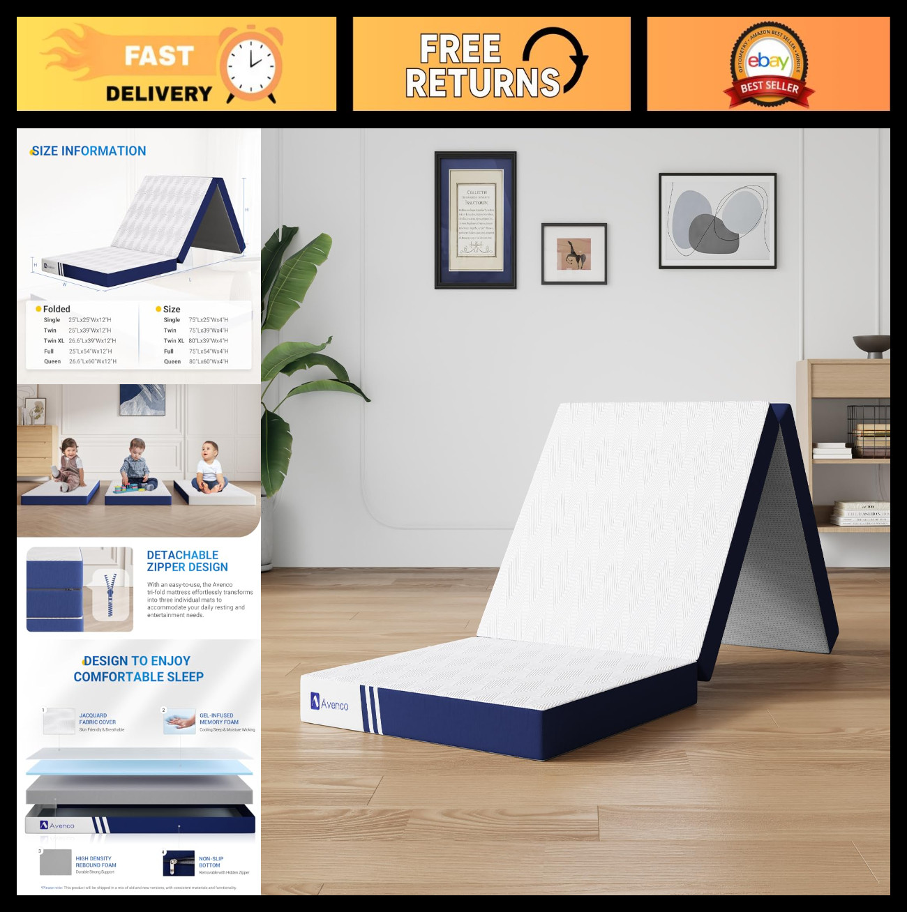 Foldable Memory Foam Mattress 4″ Trifold Portable for Camping, Travel, Guest Roo
