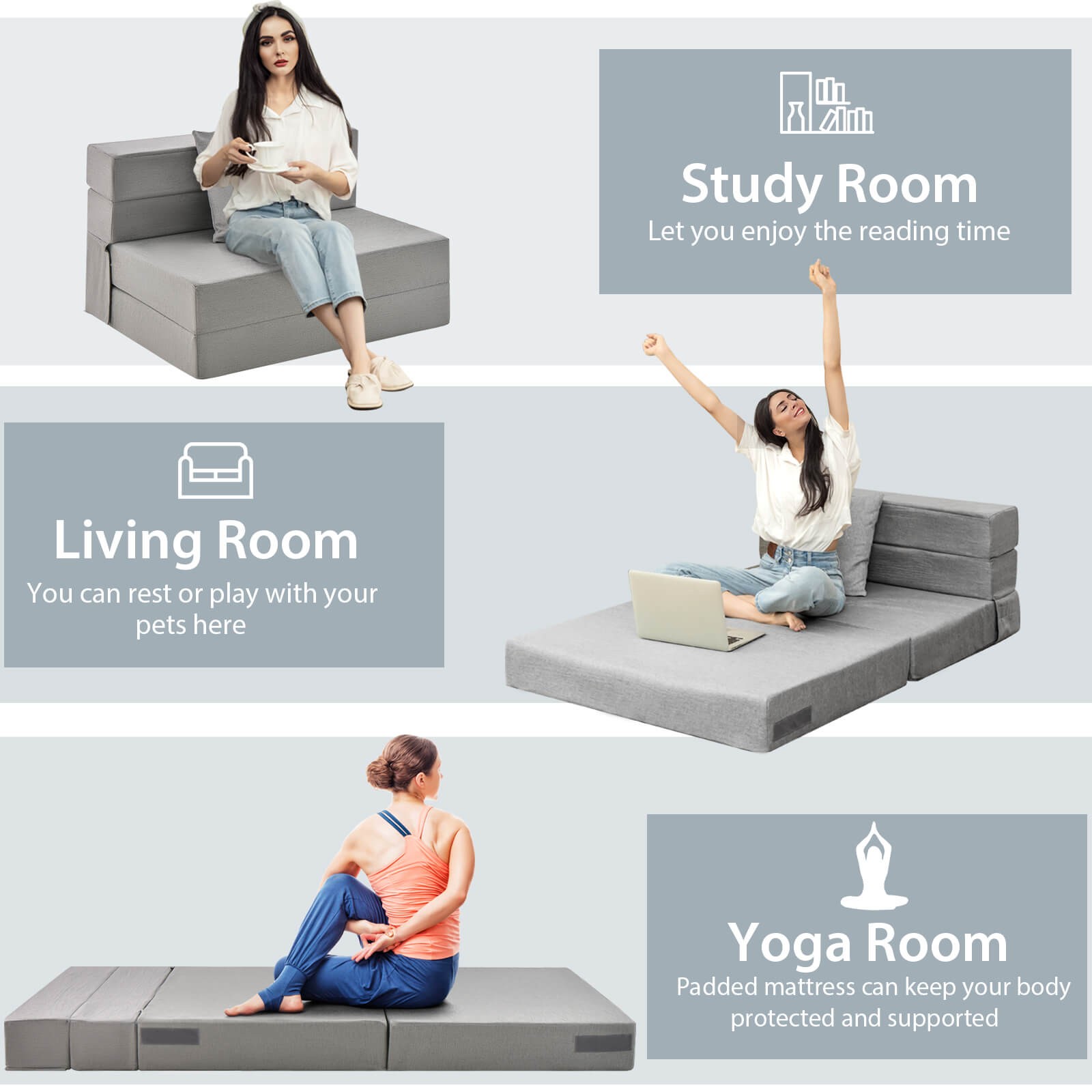 6″ Tri-fold Mattress w/Pillow Sofa Bed w/ High-Density Foam Additional Seating