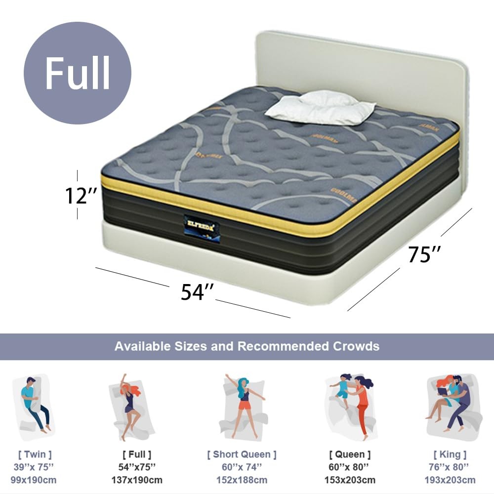 Full Mattress, 12 inch Pillow Top Hybrid Comfy Full Size Mattress in a Bag, H…