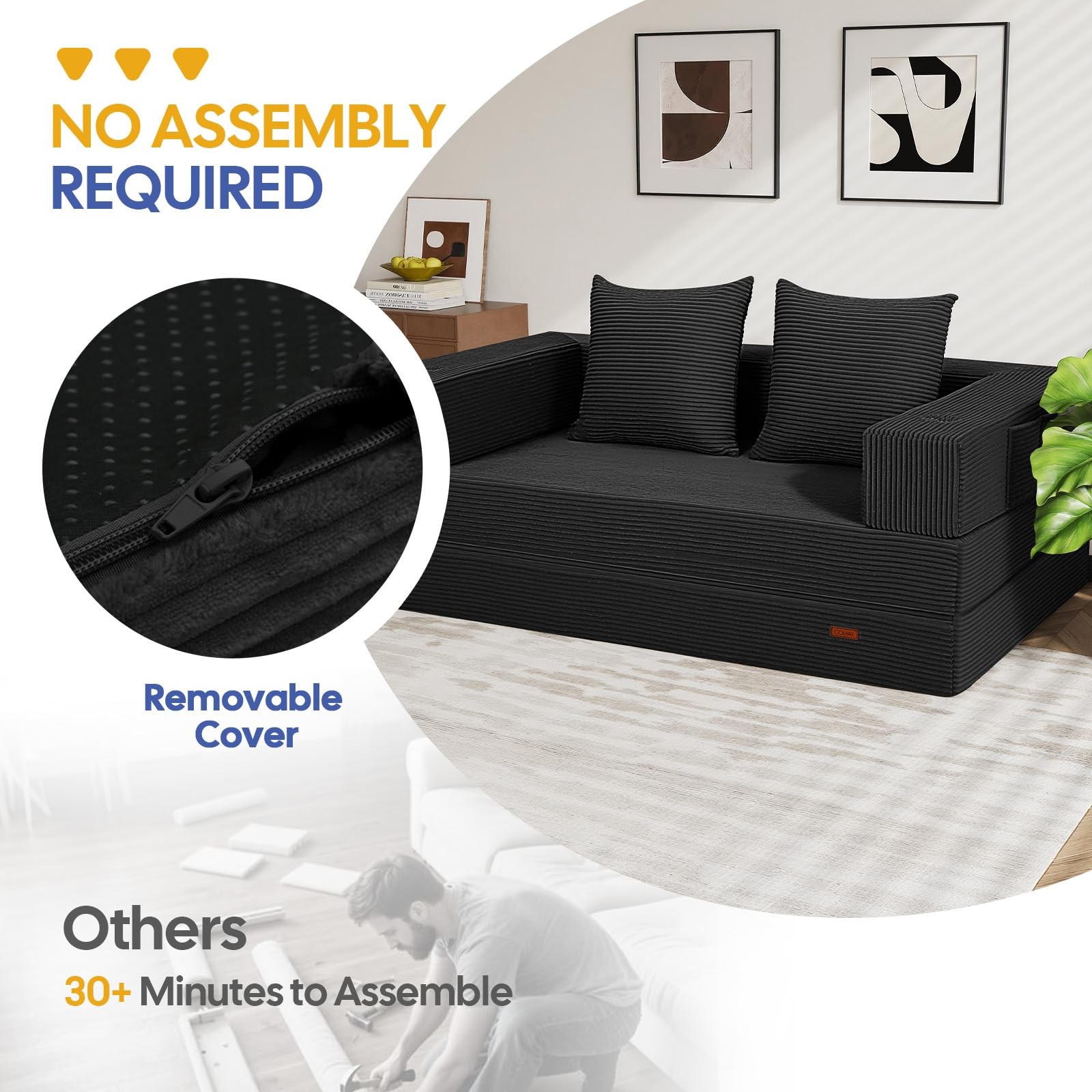 COMAX Futon Sofa Bed, 4‑in‑1 Convertible L-Shaped Loveseat, Black