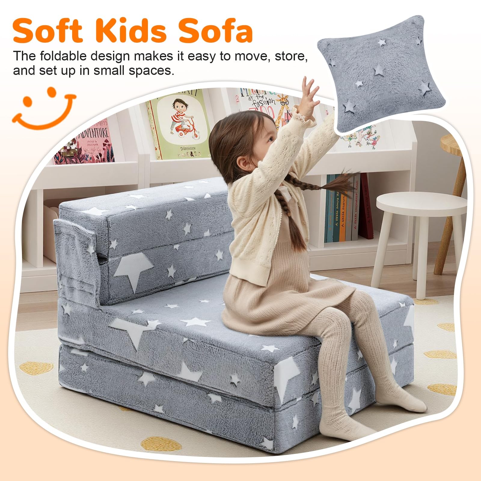 Kids Tri-Fold Sofa Bed – Glow Star Floor Mattress & Foldable Futon Chair Conv…