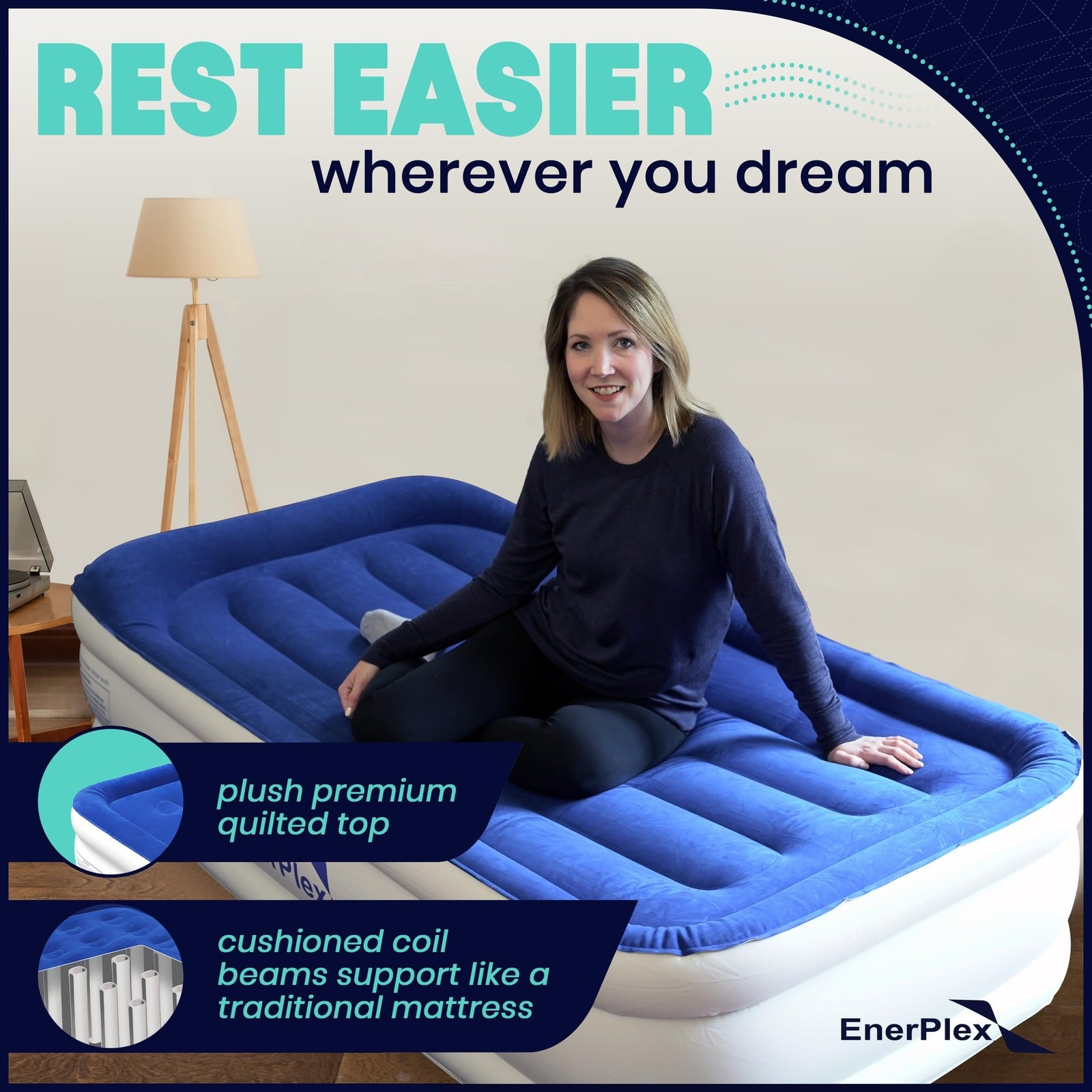 NWT EnerPlex Queen Air Mattress w/ Built-in Pump & Neck Support, 15″, Blue/White