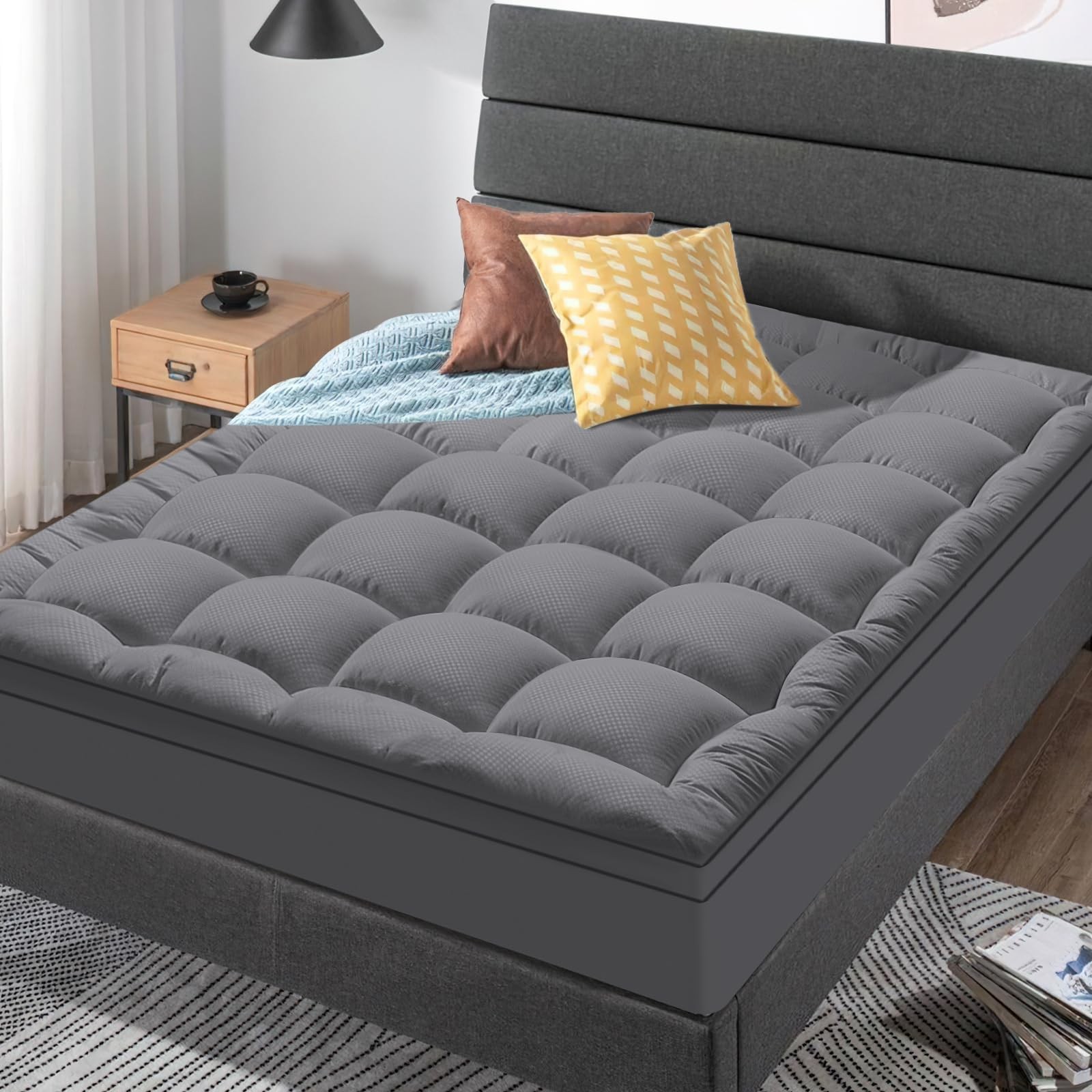 Extra Thick Twin Mattress Topper, 39″x75″, Dark Grey, Breathable, Quilted Fit…
