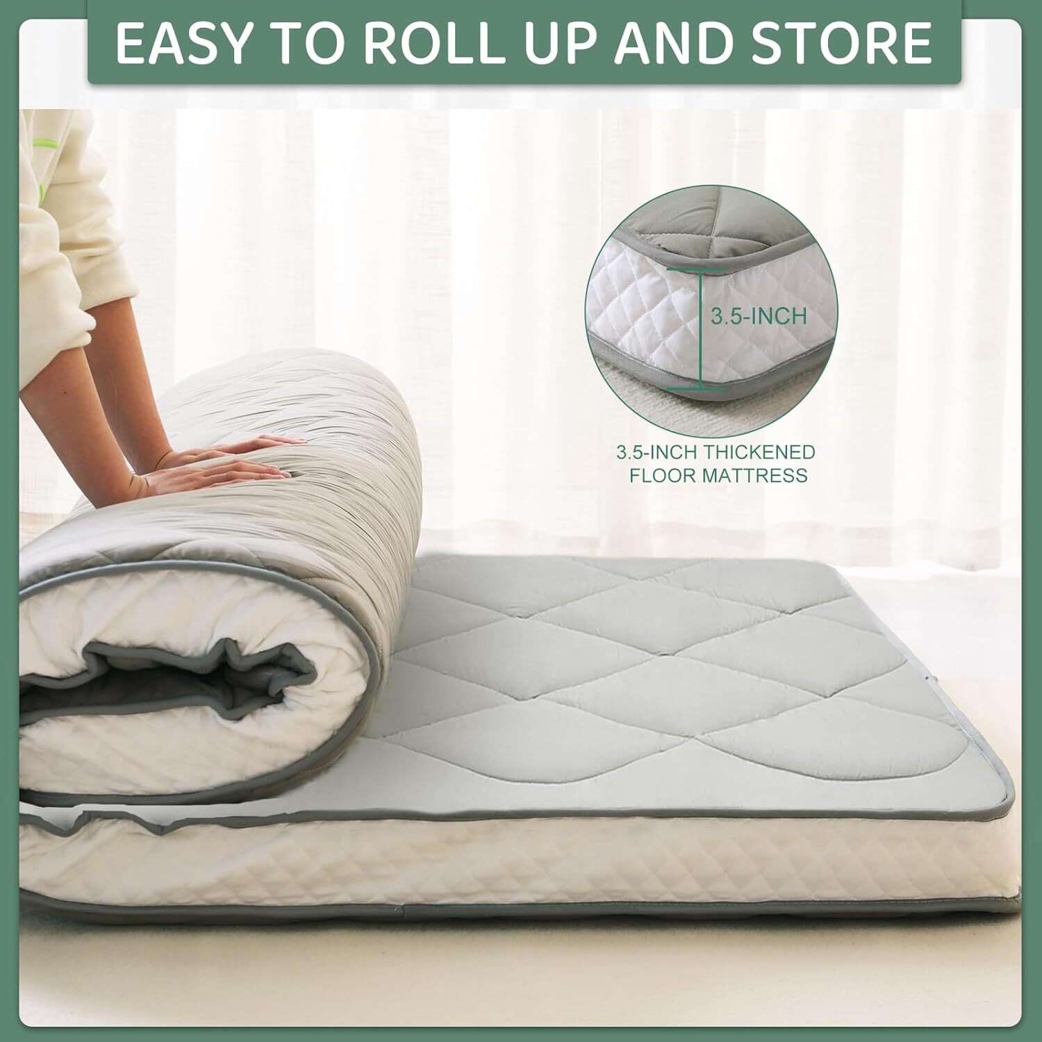 MOPHOTO Japanese Floor Mattress 3.5″ Thick Roll Up Sleeping Tatami Mat Futon Pad