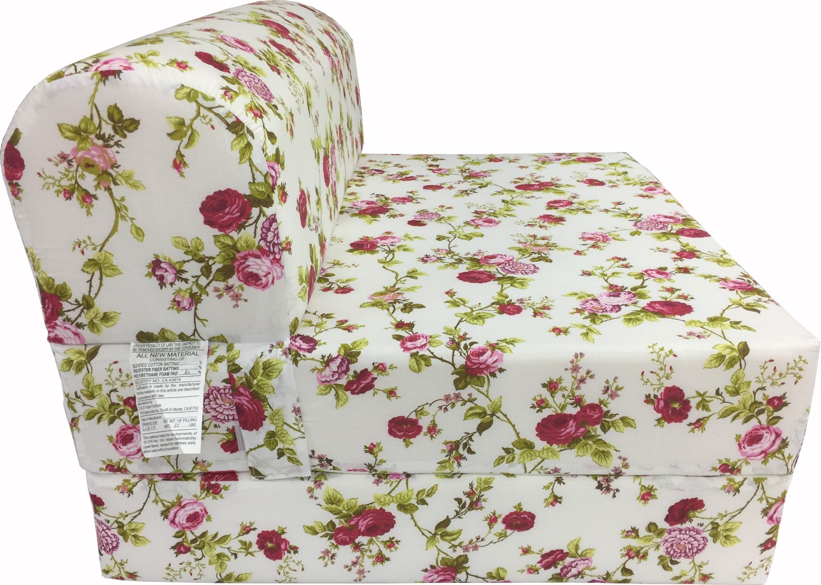 Red Roses White 6 x 32 x 70 Sleeper Chair Folding Foam Bed, Density Foam 1.8 lbs