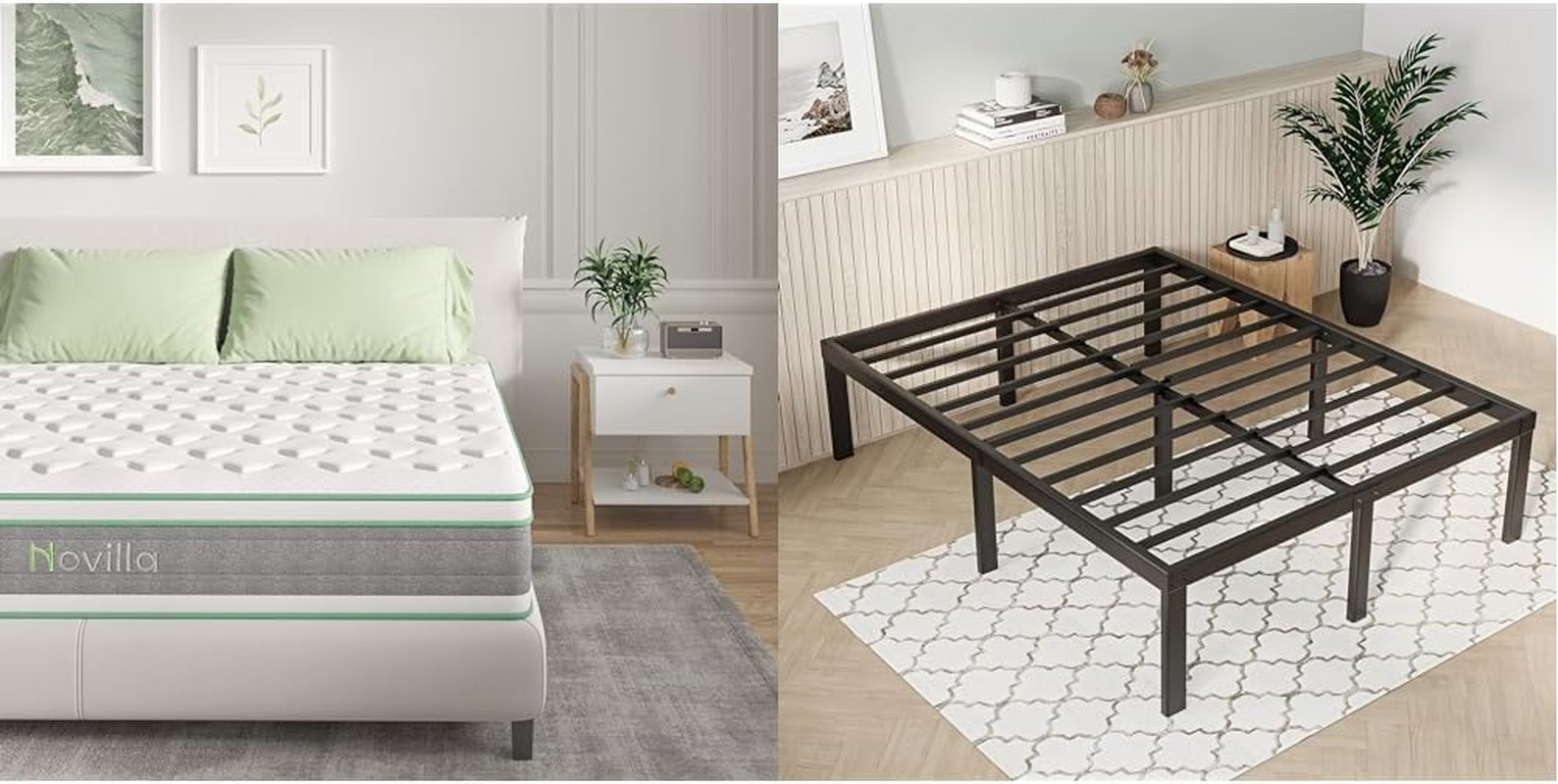 Queen Mattress & Bed Frame Set – 12″ Hybrid Foam & 14″ Metal Frame with Storage