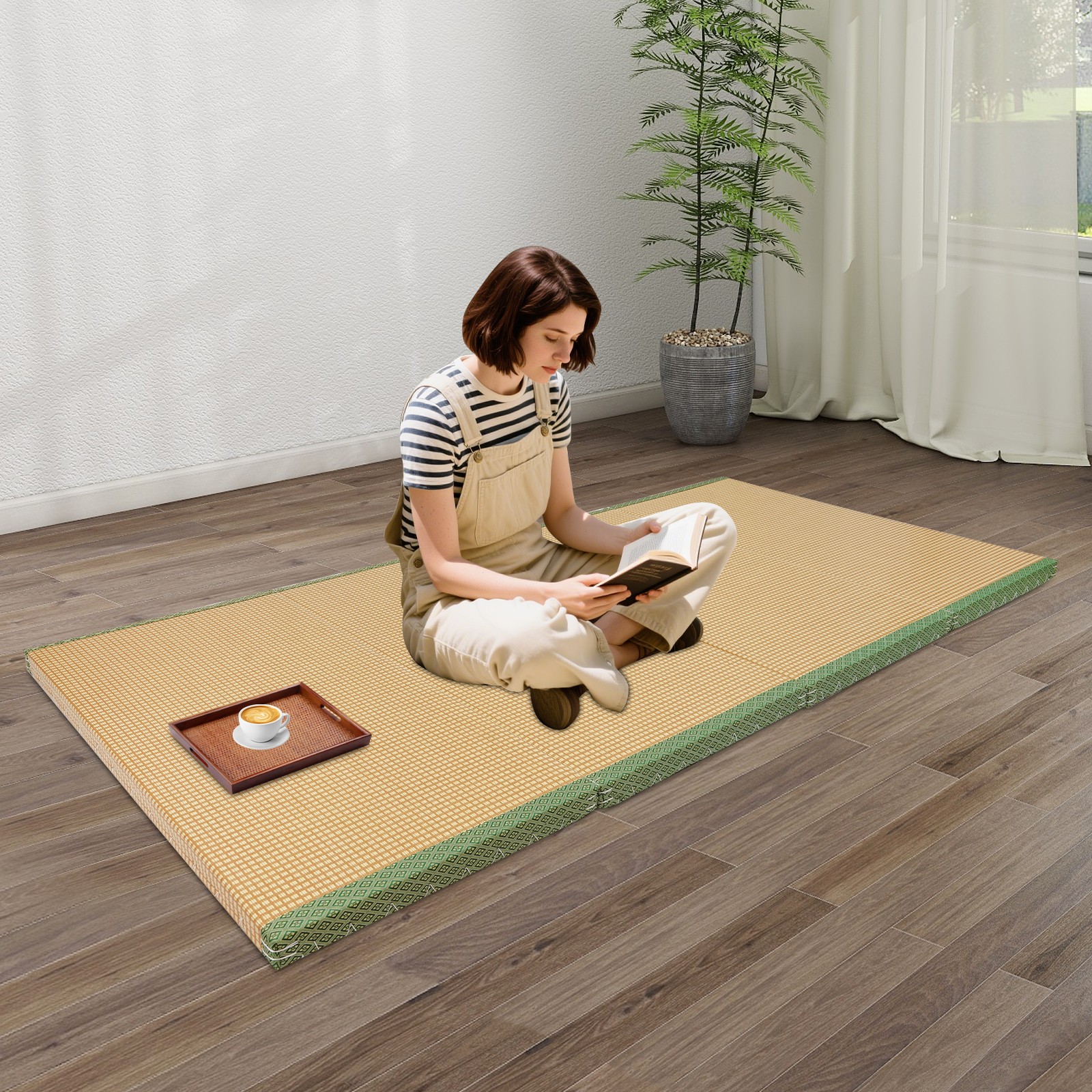 200*100*5cm Tatami Mattress, Foldable Floor Mattress, Meditation Mat Green Brown