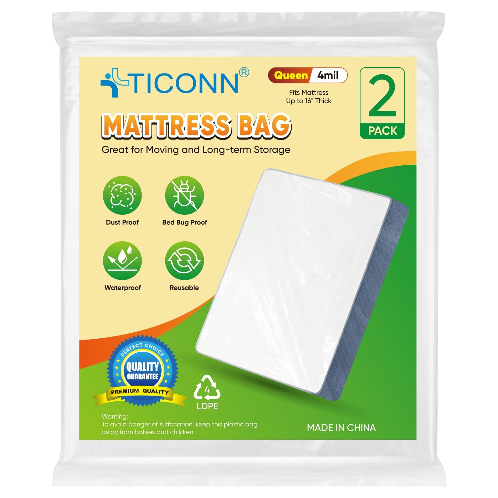 TICONN 2PK Plastic Mattress Bag for Moving Storage, Waterproof Queen, White