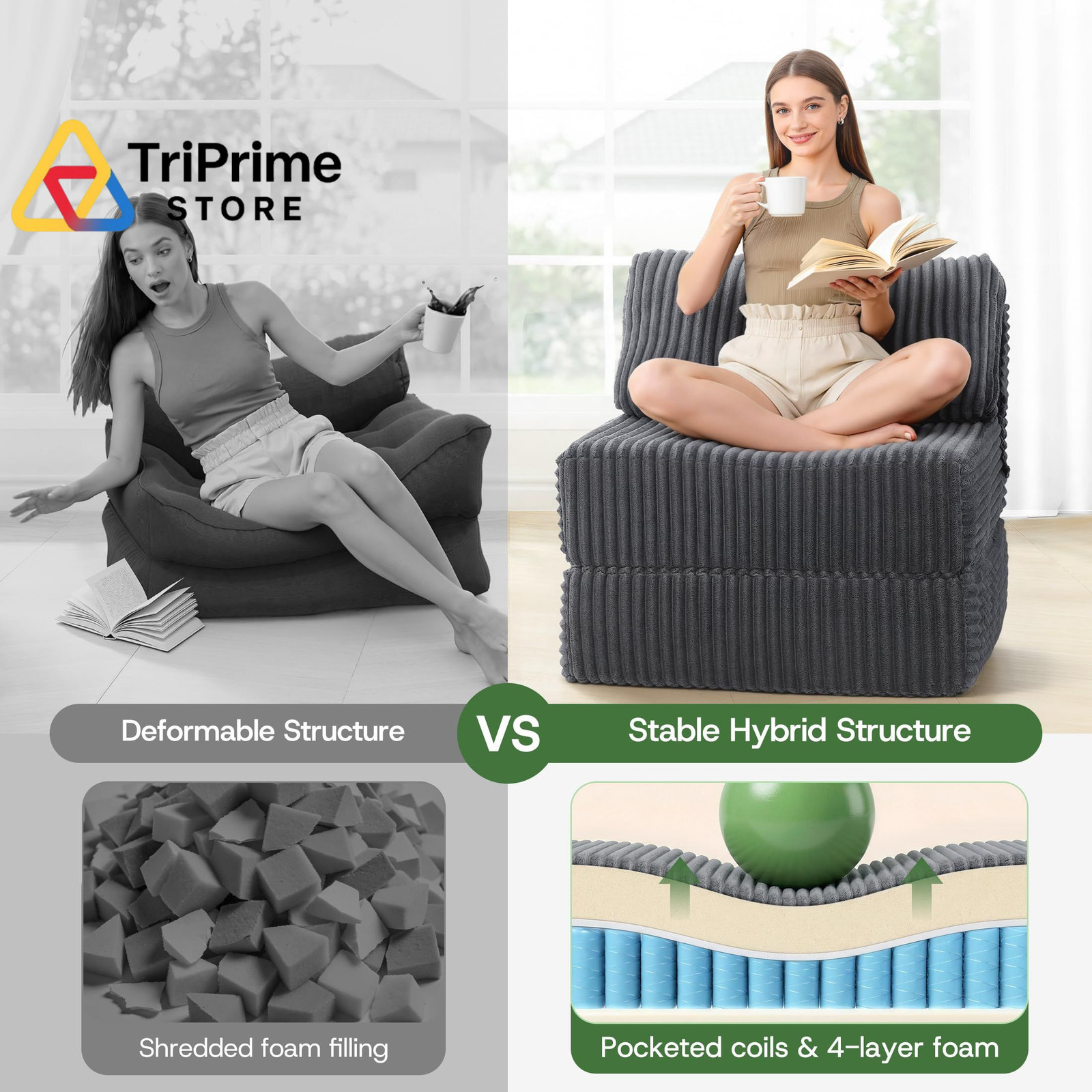 MEGAYES 4-in-1 Folding Sofa Bed Convertible Boneless Sleeper 1-Single, Grey