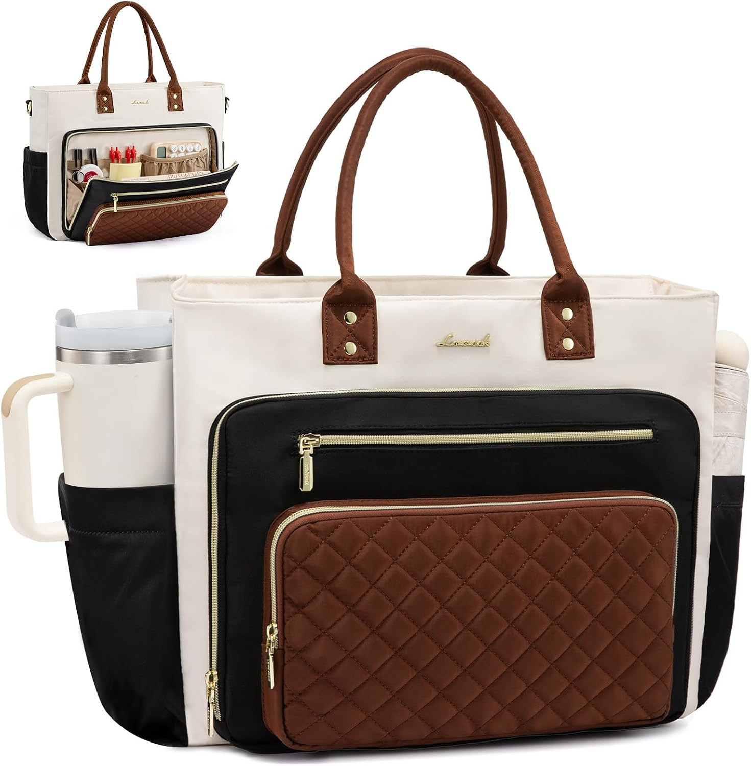 Chic Teacher Tote Bag – 17″ Laptop Briefcase in Black, Beige & Brown
