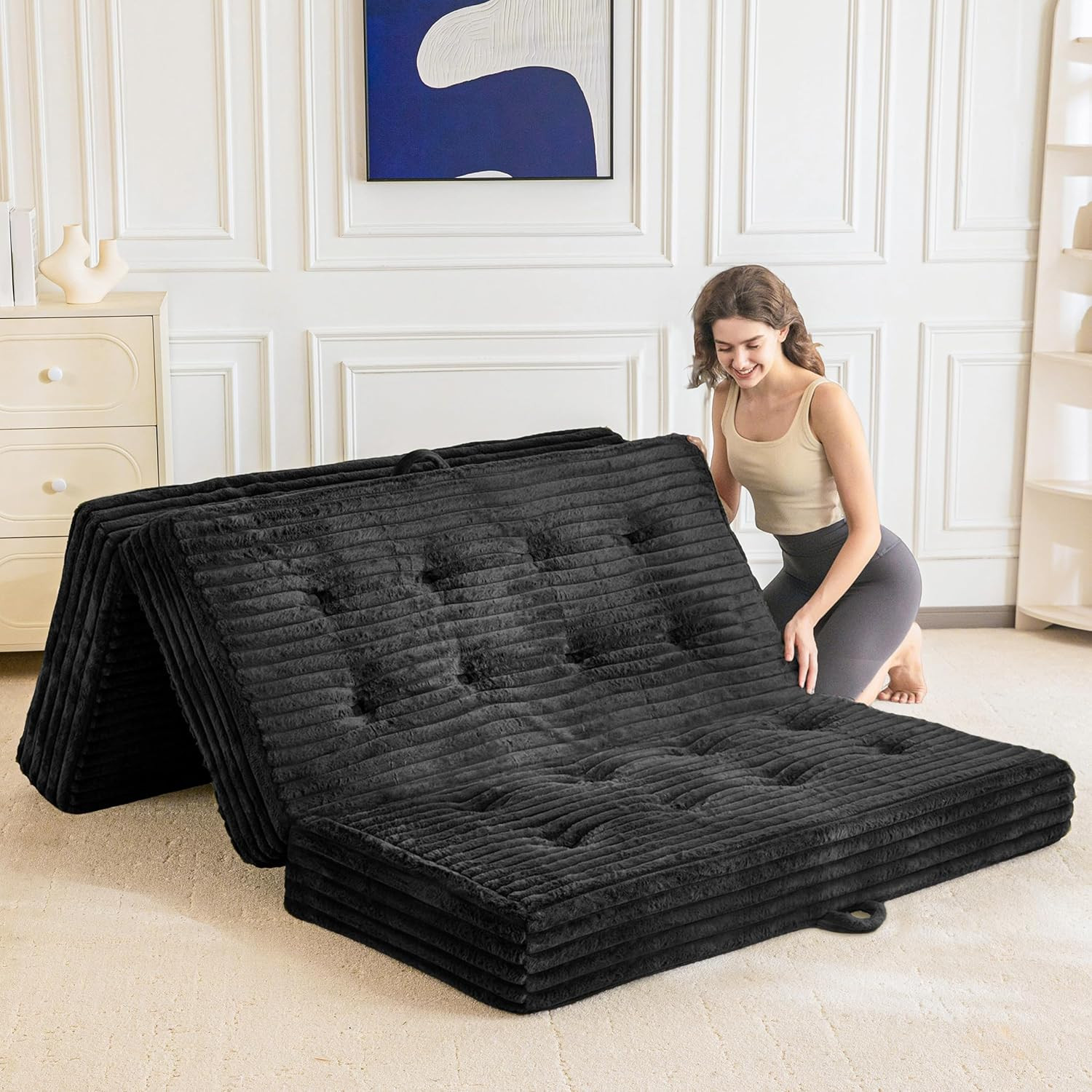 Compact 6-Inch Tri-Fold Folding Mattress with Handles – Twin Black Sofa Bed