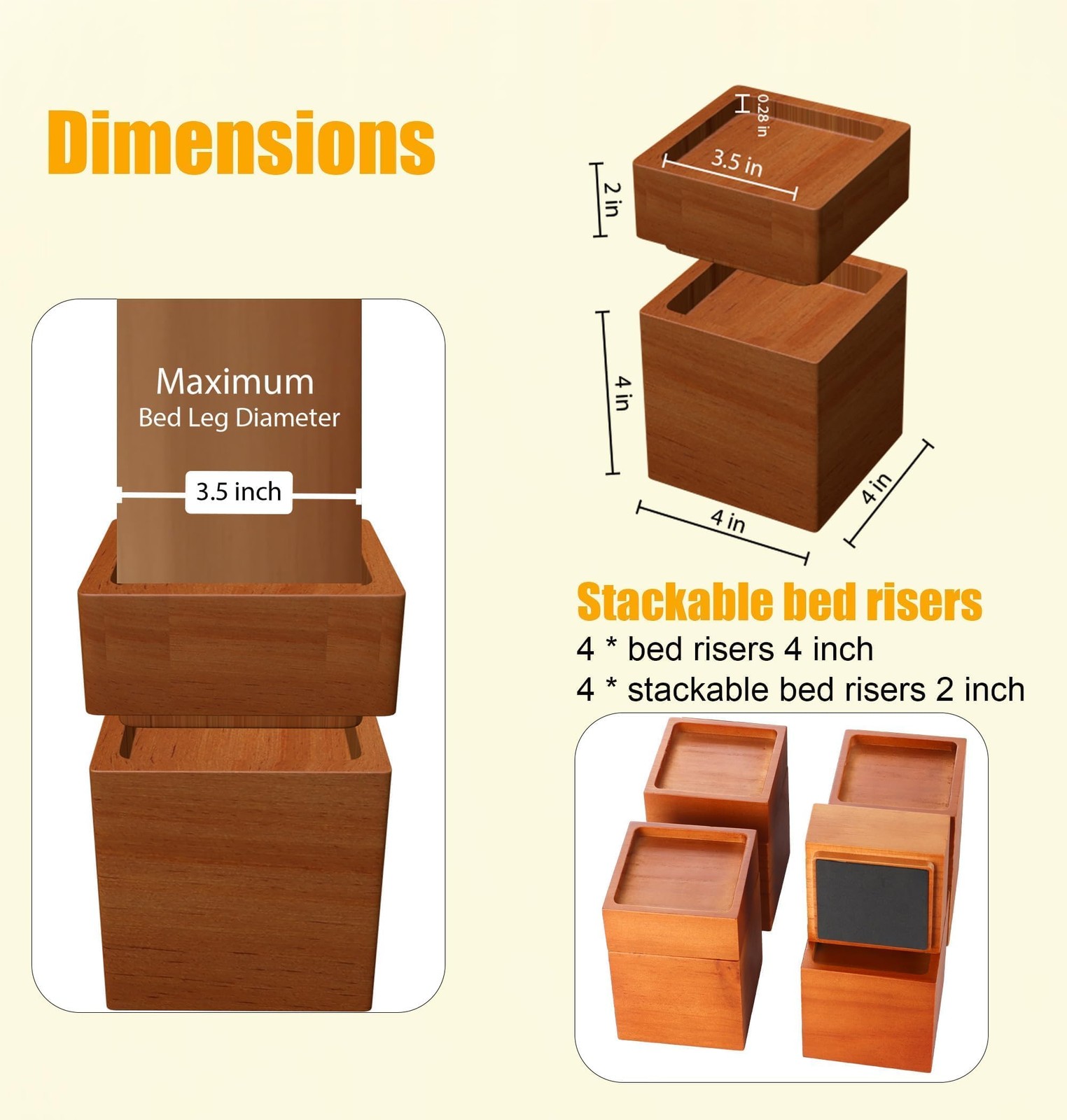 MONTIHOLD Premium Solid Pine Wood Bed Stackable Heights: 2″, 4″, 5.7″, Brown