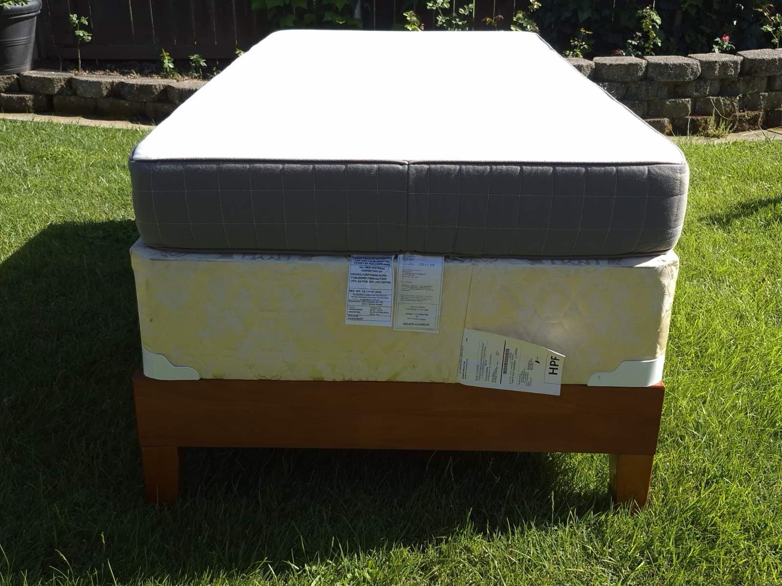 Twin Firm Quilted Mattress White Gray Beige Fabric Cover with a Wooden Bed frame