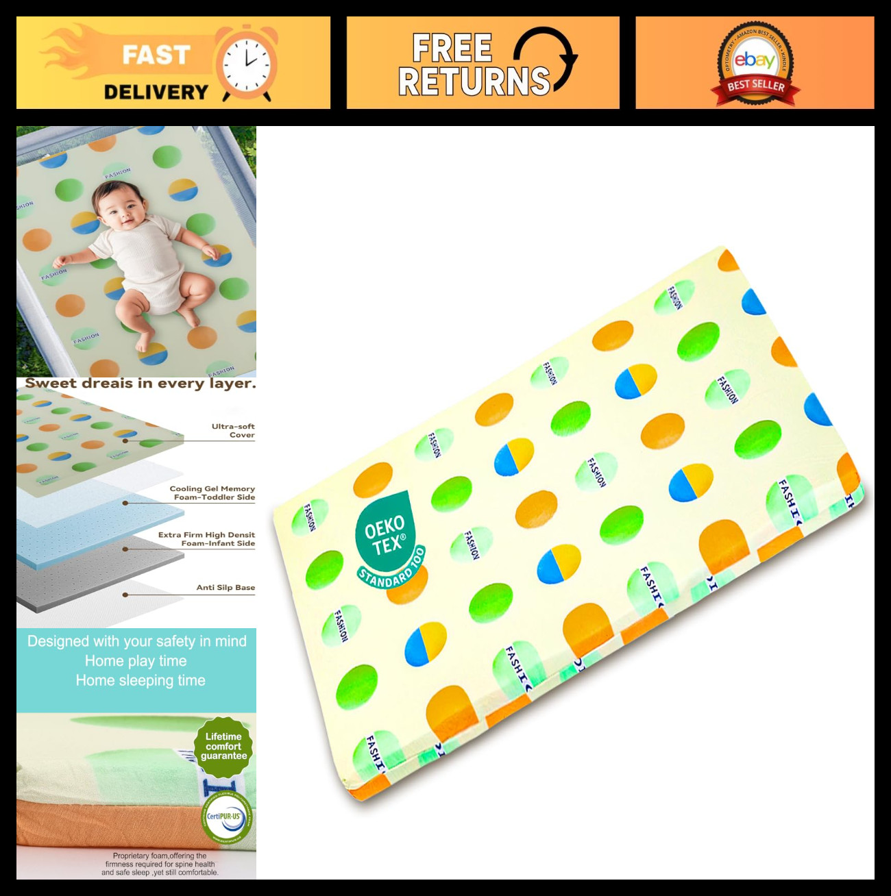 “Upgraded Pack and Play Mattress 38″x26” – Soft Firm Foam, Odorless, Breathable,