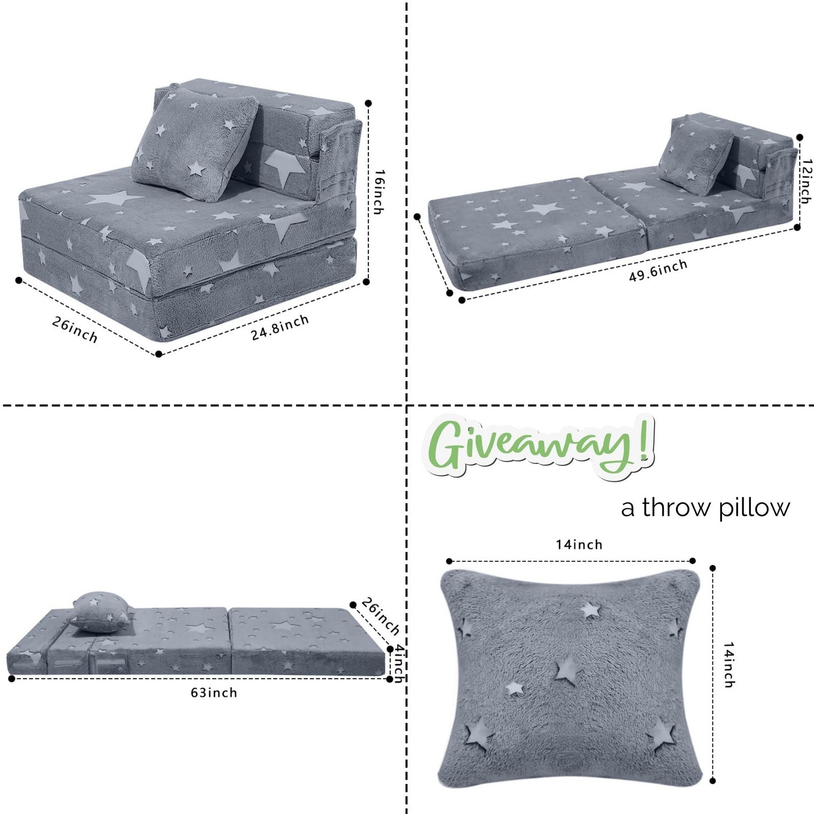 Kids Tri-Fold Sofa Bed – Glow Star Floor Mattress & Foldable Futon Chair Conv…