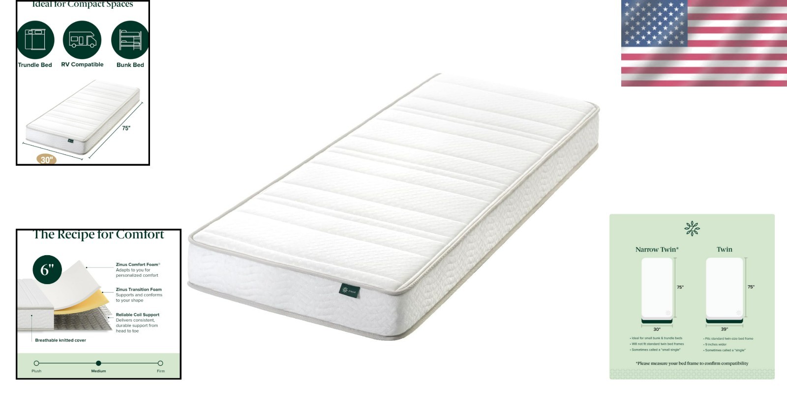 30” Wide x 75” Long Foam & Spring Hybrid Mattress – CertiPUR Certified Comfort
