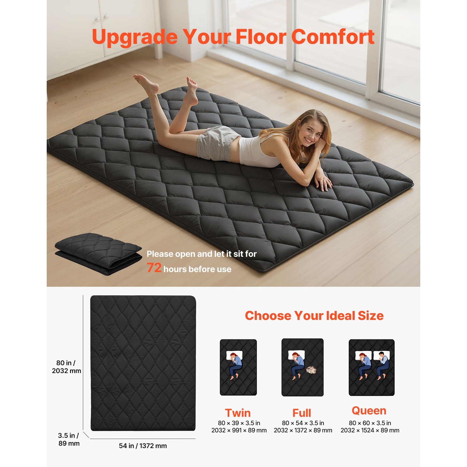Uimoso Tatami Mattress Full Foldable Futon Mattress with Storage Bag Black