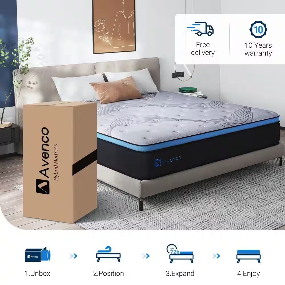 12 In. Medium Hybrid Gel Foam Mattress，Pillow Top Queen Mattress
