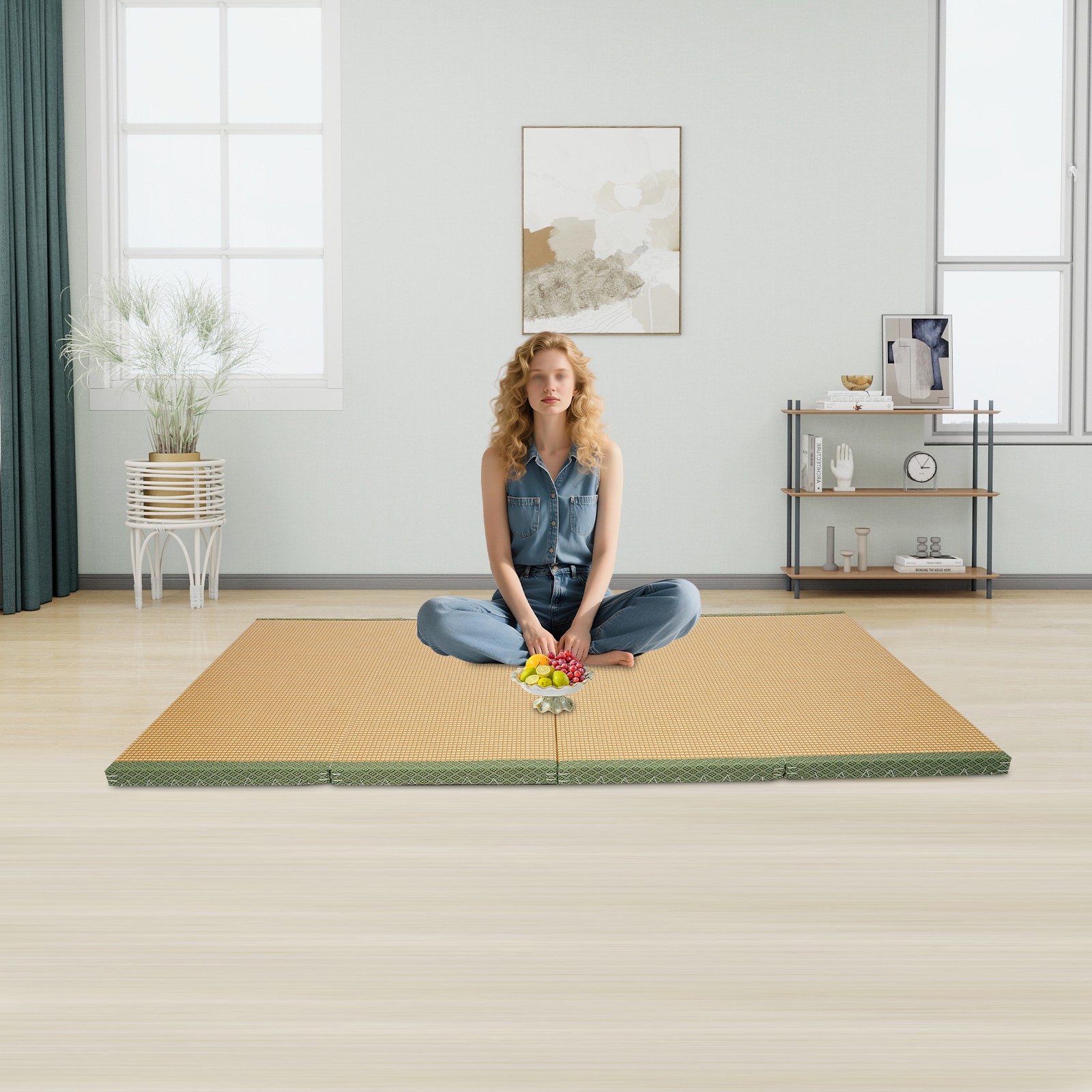 200*100*5cm Tatami Mattress, Foldable Floor Mattress, Meditation Mat Green Brown