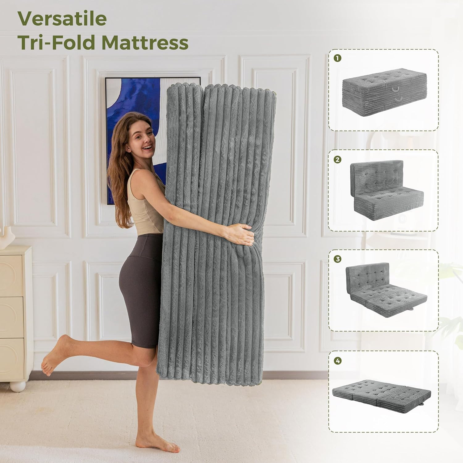 Tri-Fold Folding Mattress with Handles, 6-Inch Portable Sofa Bed, Grey