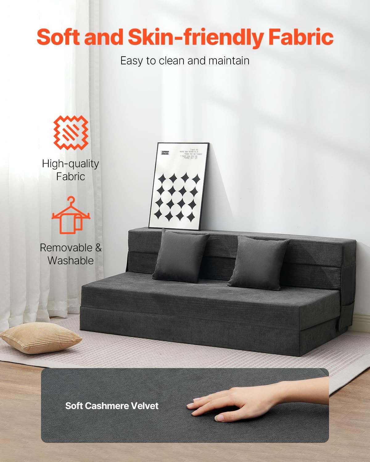 VEVOR Folding Sofa Bed, 3-in-1 Foldable Couch Bed with 2 Queen, Dark Grey