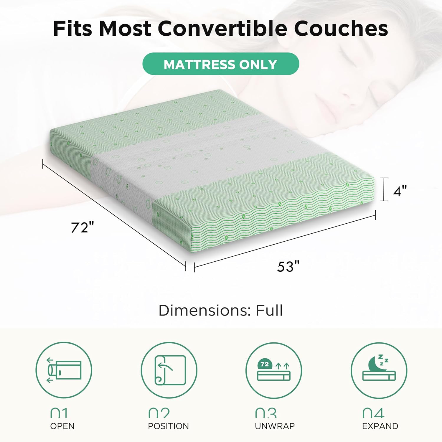 4 Inch Gel Memory Foam Sofa Mattress Full Size – Light Green & White Foldable Re