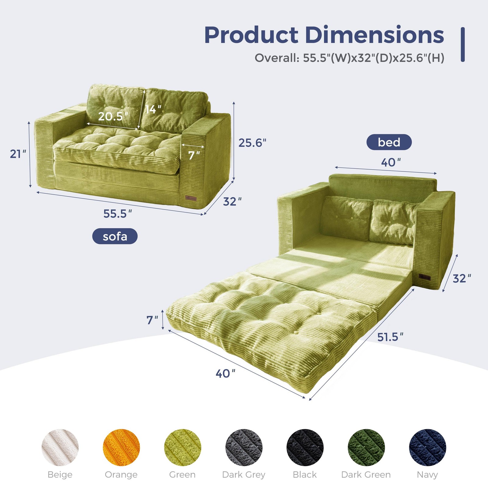 MAXYOYO Convertible Sofa Bed, Pull Out Loveseat Sleeper Sofa, Loveseat, Green