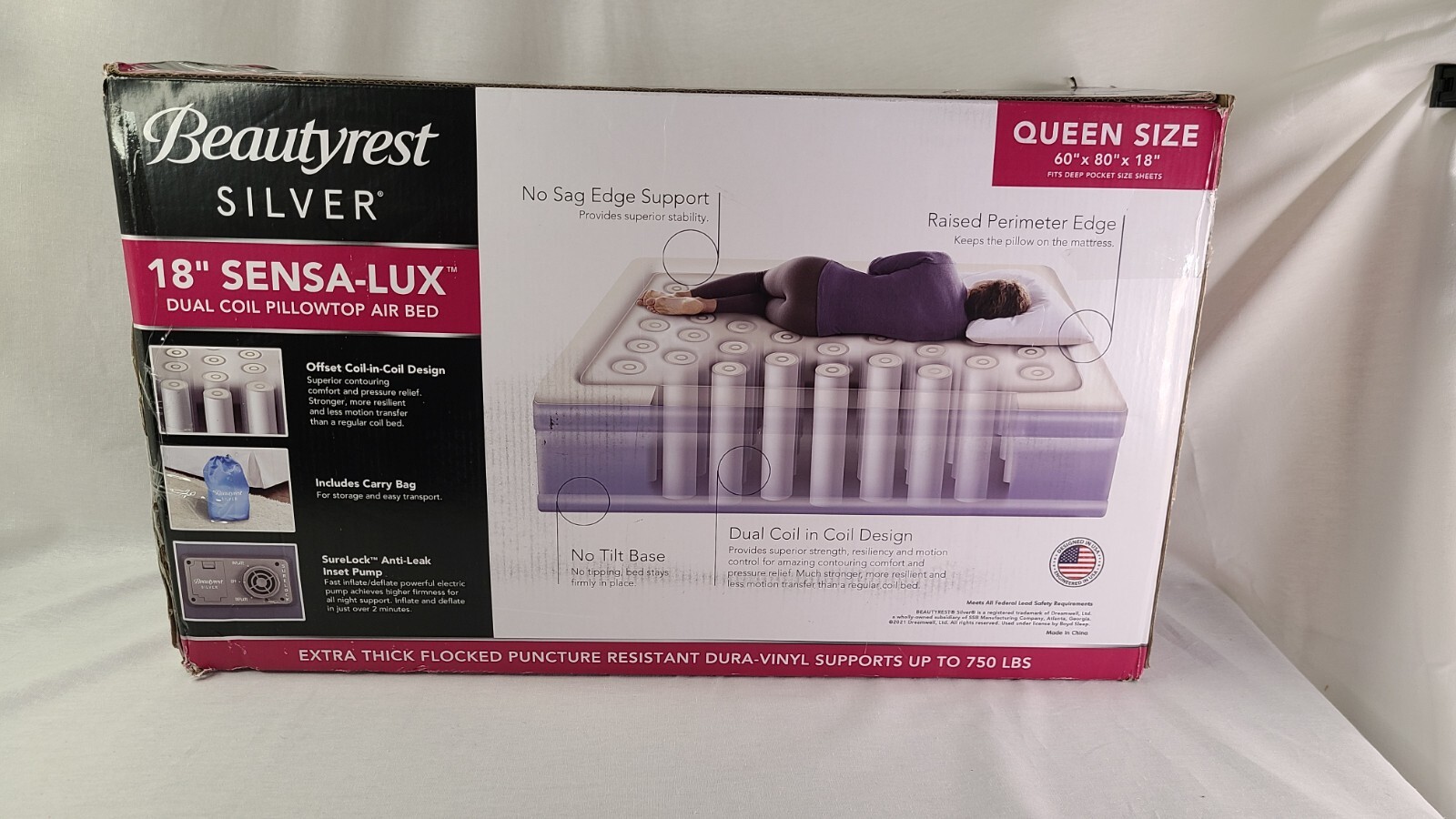 Beautyrest Silver 18″ Sensa-Lux Dual Coil Pillow Top Air Mattress Queen Used