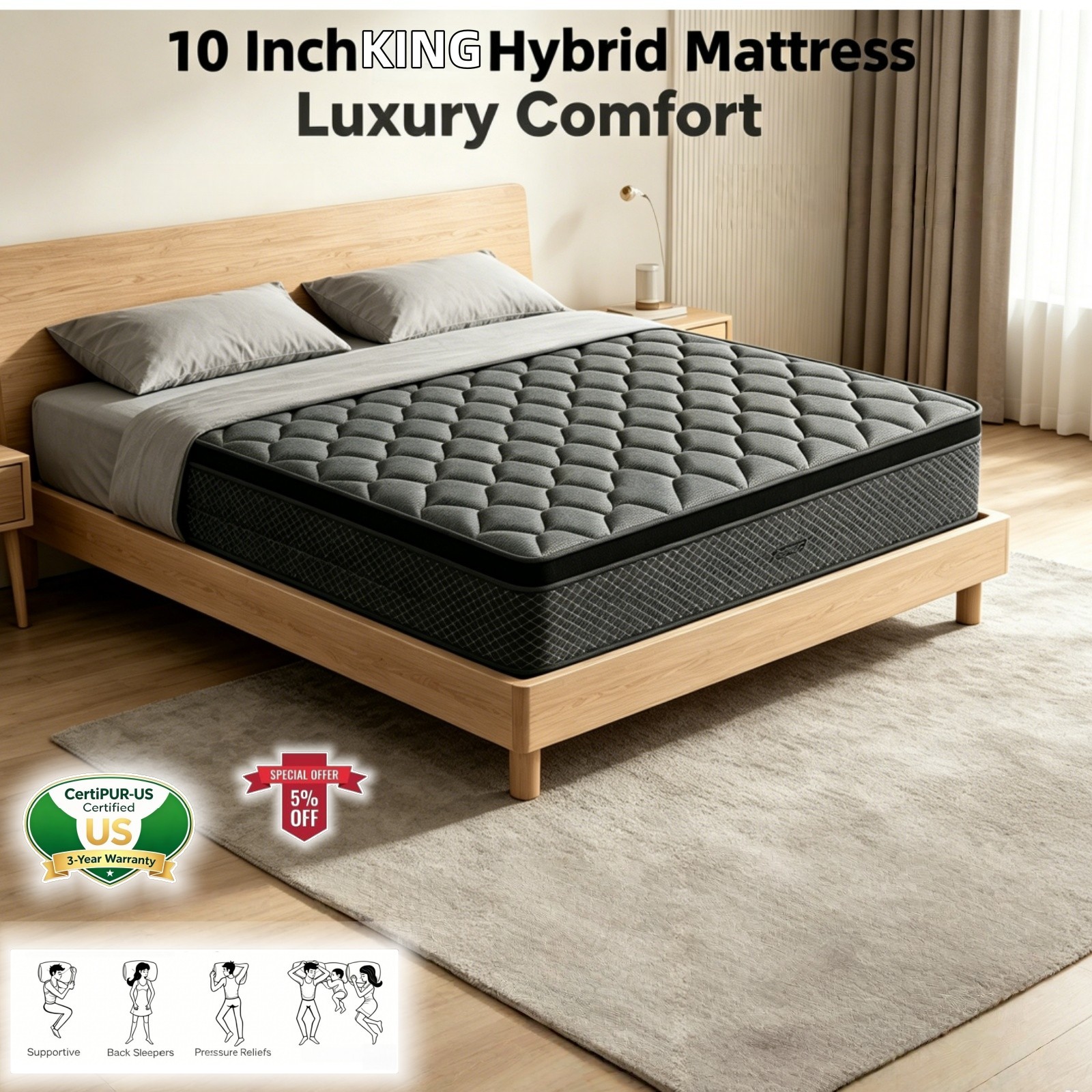 10 Inch KING Hybrid Mattress Cooling Gel Memory Foam Pocket Spring Bed In Box