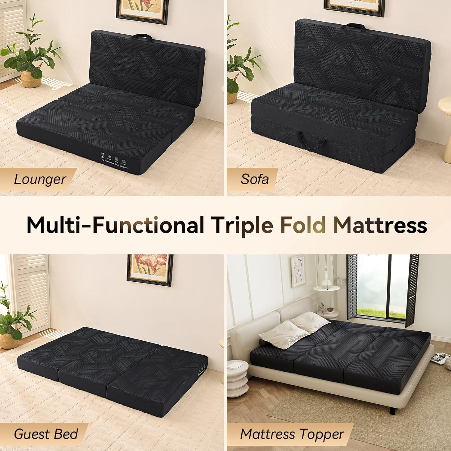 4″ Memory Foam Trifold Mattress – Foldable, Washable, Non-Slip, Black
