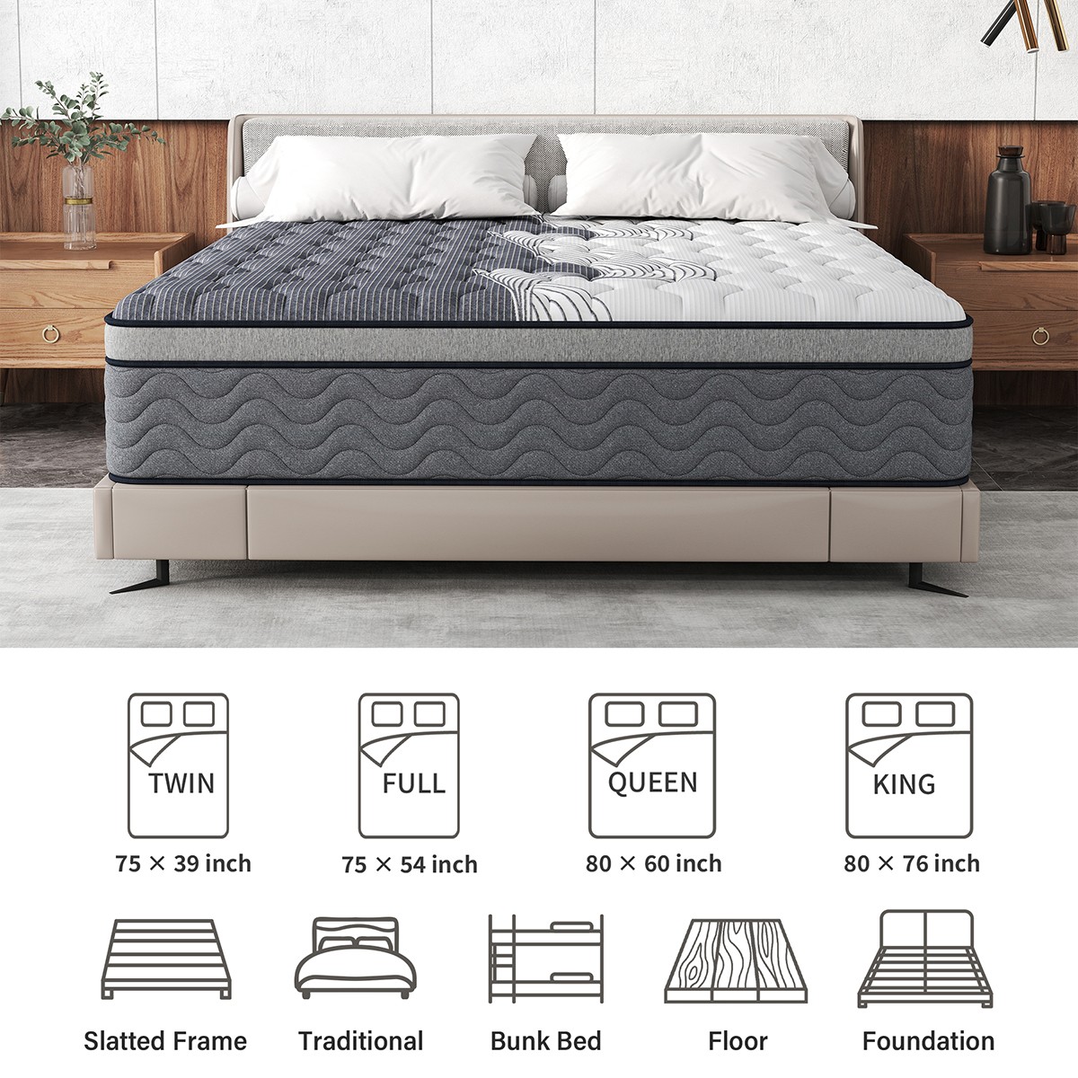 12″ Gel Memory Foam Hybrid Spring Mattress Full Queen King In A Box Dual Firm