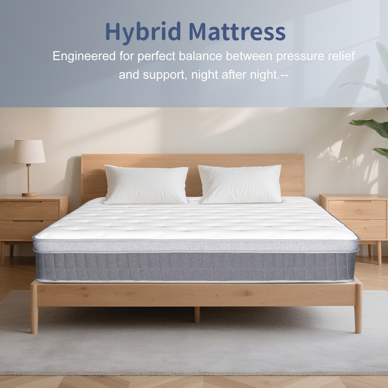 Twin Hybrid Mattress 12″ – Memory Foam Medium Firm Breathable Gray Trim